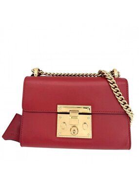 Gucci Shoulder Bag Chain Crossbody Leather Red Gold